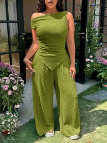 CovetEZ 夏季提花纹理女士休闲纯色不对称上衣和裤子绿色加大码两件套 - 綠色 - 查看 1