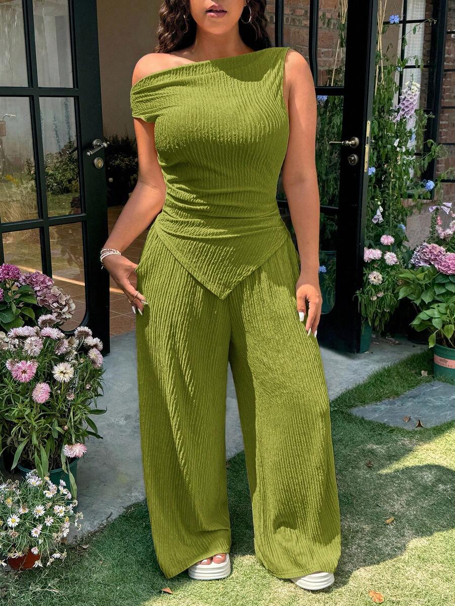 CovetEZ 夏季提花纹理女士休闲纯色不对称上衣和裤子绿色加大码两件套 - 綠色 - 查看 1