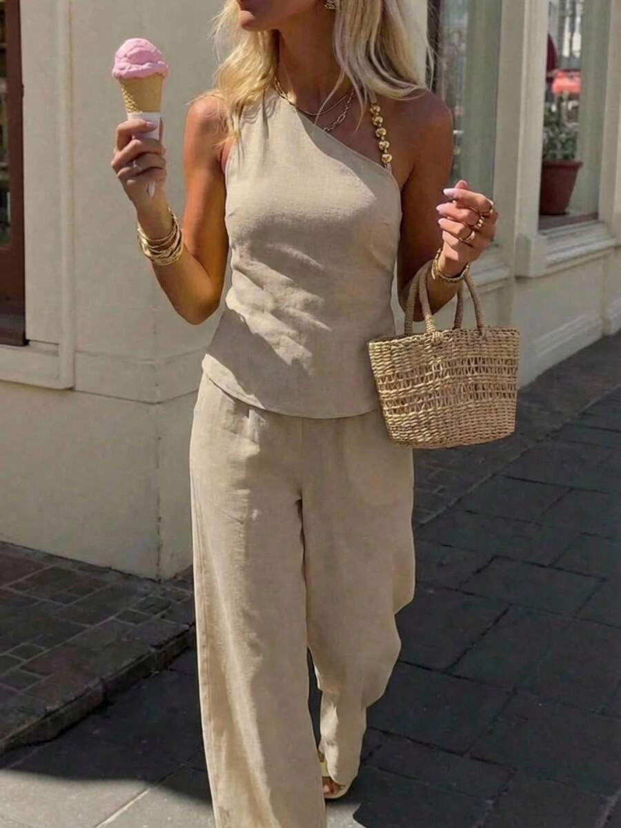 Aloruh Women's Beaded Decor Shoulder Top + Wide Leg Pants Commuter Set,Work Outfits For Women - Khaki - View 1