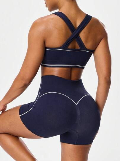 Seamluxe SHEIN Sport 一套藏蓝色交叉露背运动套装，高腰显瘦短裤，撞色条纹塑形瑜伽服，柔软舒适，适合健身、跑步、休闲、瑜伽等运动。
