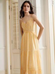 Anewsta New Arrival Sweet Fresh Yellow Plaid Sleeveless Dress, Suitable For Summer Beach Vacation Boho - Yellow - View 3