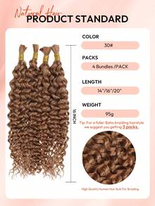 Boho Braids 100% Echthaar zum Flechten für Boho-Zöpfe, Wasserwellen-Locken, Echthaar-Flechthaare, 4 Bündel/Packung, 95g für den gesamten Kopf, braune Bulk-Echthaar-Extensions für nahtlose Zöpfe, nass-wellig, ohne Einschlag, vorsortierte Flechthaare, Echthaar-Extensions für Frauen - S30 - Übersicht 4