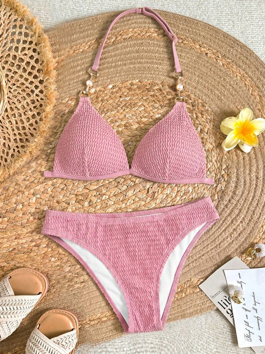 SHEIN Teenager Mädchen Sommer Strand Urlaub einfarbig strukturierter Stoff rückenfrei Neckholder Split Bikini Set - Pink - Übersicht 1