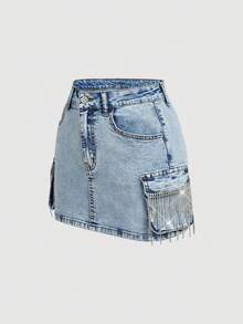 SHEIN MOD 女士时尚水钻装饰流苏实用口袋拉链休闲牛仔迷你裙 - 藍色 - 查看 6