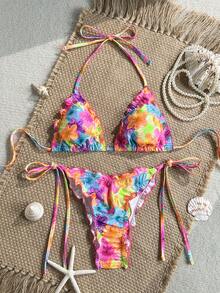 Swim Mod 2pcs/Set Random Floral Print Ruffle Trim Halter Neck Triangle Bikini Top And Side Tie Bottoms Sexy Swimwear Set, Spring/Summer Floral Print Bikini Bikinis Set For Women Bikini Sets Beach Wear 2 Piece Set Bathing Suit For Women Set - Multicolor - View 1