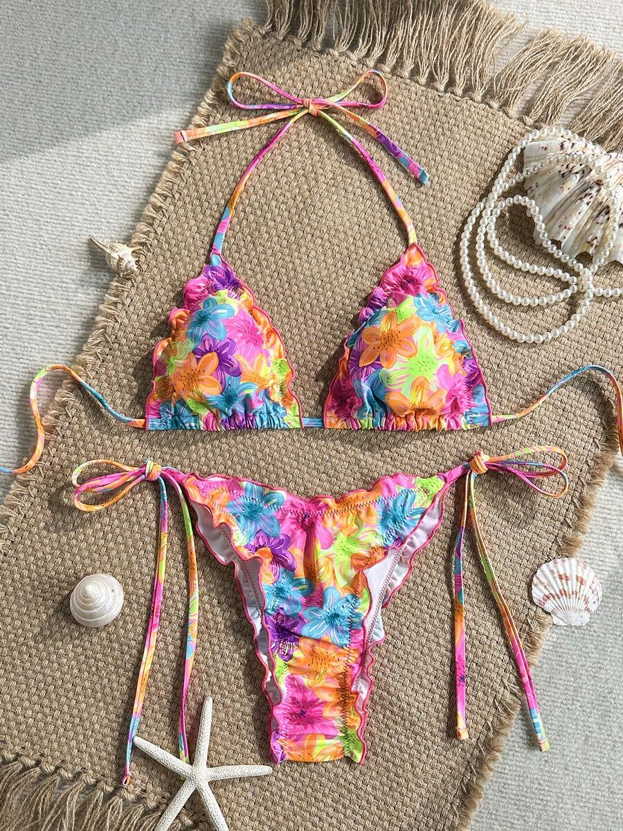 Swim Mod 2pcs/Set Random Floral Print Ruffle Trim Halter Neck Triangle Bikini Top And Side Tie Bottoms Sexy Swimwear Set, Spring/Summer Floral Print Bikini Bikinis Set For Women Bikini Sets Beach Wear 2 Piece Set Bathing Suit For Women Set - Multicolor - View 1