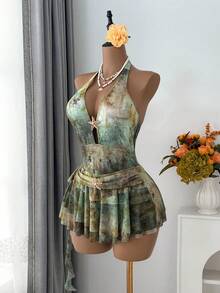 Vaytide 女士连体泳衣，荷叶边网纱裙摆，性感迷人，适合海滩度假、派对、约会 - 彩色 - 查看 8
