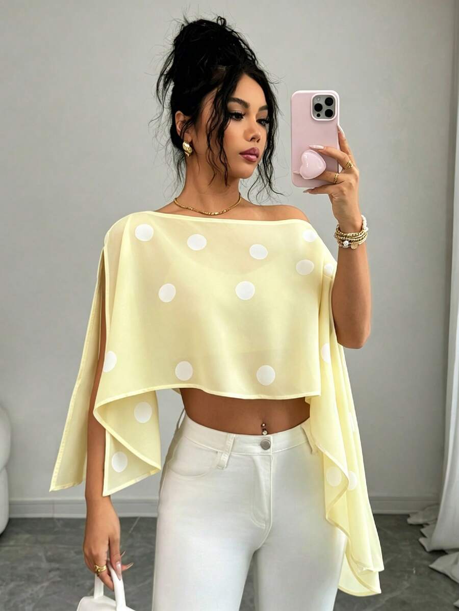 SHEIN Elenzya 女款新款優雅時尚波點印花休閒百搭不對稱設計船領百褶春/夏襯衫，適合日常穿著、約會、聚會 - 彩色 - 查看 1