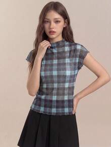 SHEIN Unity 春夏新款蓝绿格纹印花露肩短袖可爱甜美上衣，百搭实用，适合复古、学术、Y2K、办公、正式场合、优雅都市通勤、休闲、浪漫、节日、日常、外出、社交、约会、派对、毕业典礼、早午餐、机场等各种场合。 - 彩色 - 查看 9