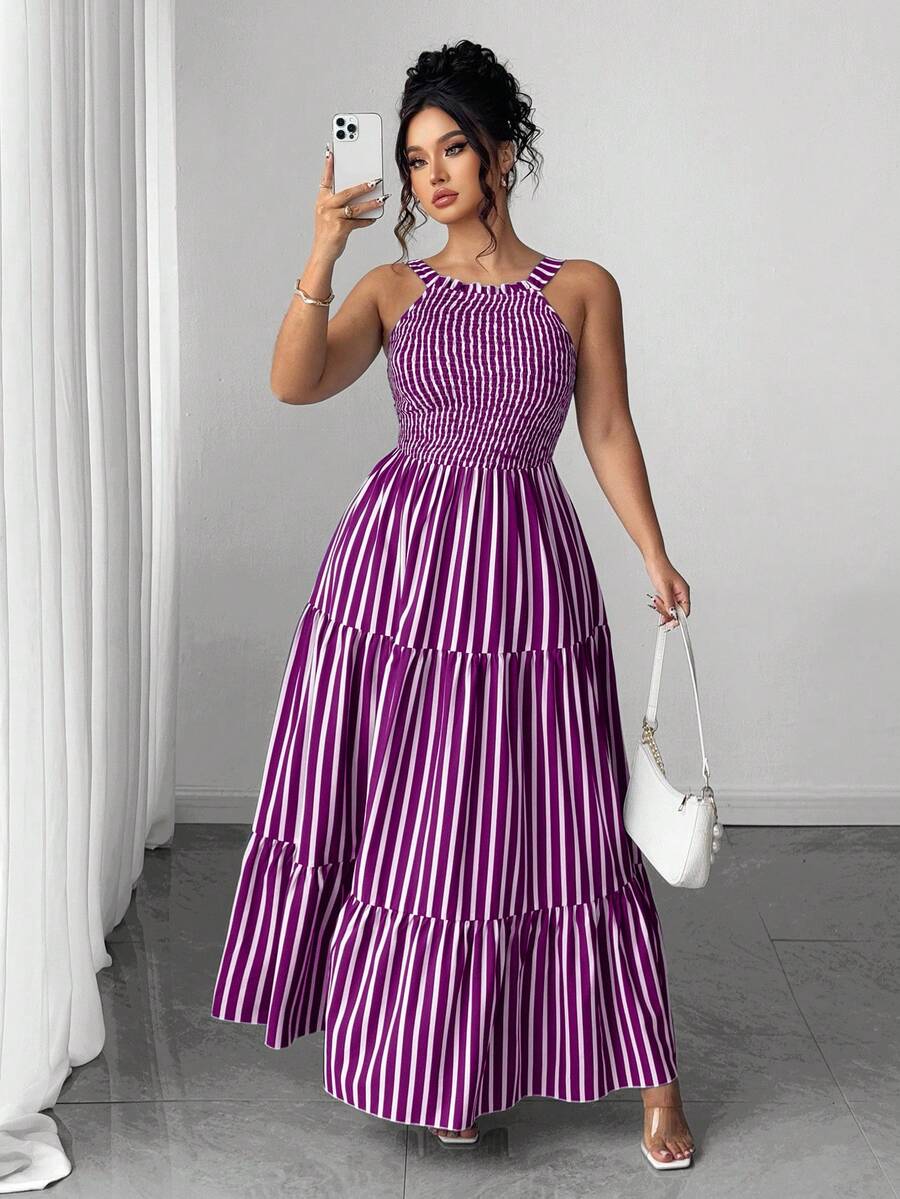 Elenzga Đầm mùa hè cỡ lớn kẻ sọc dáng suông xếp nếp - Màu tím  Violet - Xem 1