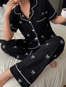 Napfluff 粉色条纹蝴蝶结印花翻领短袖女士睡衣套装 - 黑色 - 查看 4