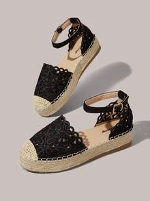 Styleloop Ladies Flat Bottom Round Toe Electric Embroidery Flower Hemp Rope Beach Leisure Holiday Sandals - Black - View 6