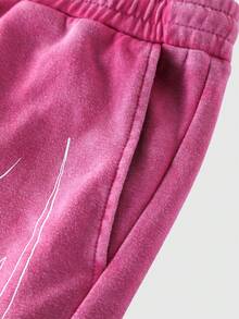 ROMWE MEN Street Life Pantalones cortos casuales para hombres con estampado de llamas, cintura con cordón, bolsillos y contraste de color - Rosa - Ver 4