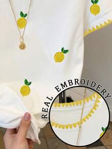 Resyla 大码女式柠檬刺绣圆领短袖休闲T恤 - 白色 - 查看 5