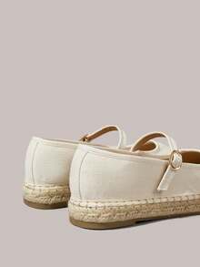 Styleloop 女款米色漁夫鞋 波希米亞度假休閒一腳蹬瑪麗珍草編平底鞋 - 杏色帆布密鞋 - 查看 4