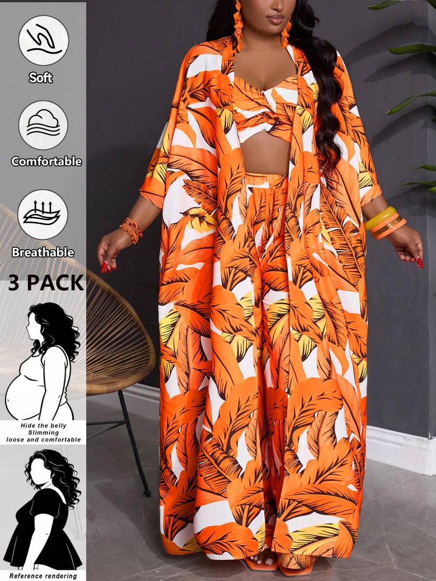 SHEIN CURVE+ Plus Size 3 Pieces Set Women's Loose Tropical Plant Pattern Beach Vacation Outfit - Orange - View 1