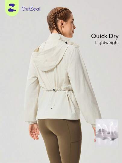 OutZeal Áo khoác nữ ngoài trời, thích hợp cho tập gym, tập luyện, nhanh khô, chống nhăn, có mũ trùm đầu và dây rút ở eo.