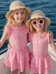 Elladie kids Young Girl'Cute Light Pink Ruffled Camisole&Patchwork Cake Skirt Summer Matching Family Vacation Holiday Set,Handmade Floral 3D Knit Beach Outfit - Pink - View 1