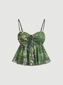 SHEIN MOD 女款綠色花卉細肩帶上衣與迷你裙兩件套，時尚波希米亞風夏季度假穿搭，附腰帶蝴蝶結，適合早午餐、生日派對穿著 - 綠色 - 查看 4