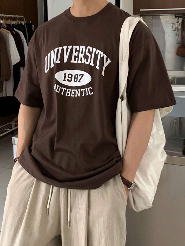 Men's Brown Round Neck Letter Print T-Shirt, Summer