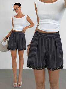 Siren Gaze Damen gestreifte Shorts mit hoher Taille, Kontrastspitze und weitem Bein - Grau - Übersicht 2