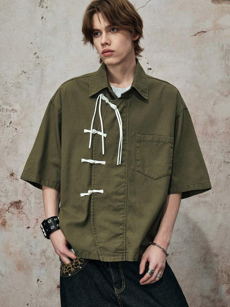 ROMWE MEN Street Life 男士纯色中式牛仔衬衫 - 軍綠色 - 查看 1