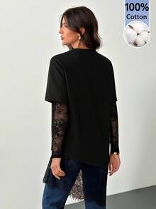 SHEIN Tall 黑色秋季優雅日常女款上衣，蕾絲袖口與下擺設計，寬鬆版型，適合冬季、聖誕節、晚宴或新年穿著 - 黑色 - 查看 3