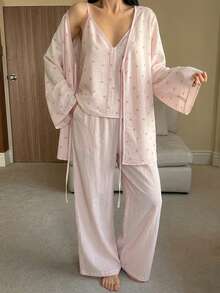 DAZY Set de pijama de 3 piezas con top de tirantes con estampado de moños y ribete de contraste, y pantalón holgado para mujer - Rosa - Ver 5