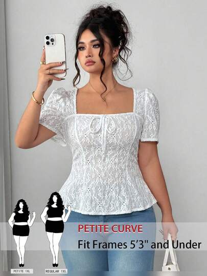 SHEIN PETITE CURVE ملابس علوية نسائية مناسبة للمقاسات الكبيرة، من نوع جاكار بلون أحادي على الطراز الفرنسي، أنيقة بأكمام قصيرة وياقة مربعة، مناسبة للارتداء اليومي، عيد الحب، الأنشطة الخارجية، ملابس علوية مرن يخفي الخصر