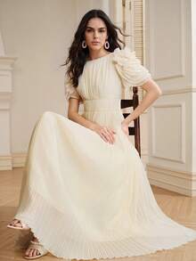 Anewsta Elegant Modest Ruched Sleeve Handmade 3D Floral Decor Short Sleeve Summer New Dress For Women Party Cream White - Apricot - View 5