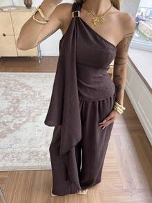 DAZY Women's Solid Color Minimalist Daily Wear Off-Shoulder Top And Pants 2-Piece Set, Spring/Summer - Coffee Brown - View 6