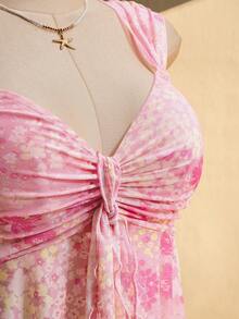 SHEIN ICON 大码女式褶皱印花吊带背心 - 粉色 - 查看 8