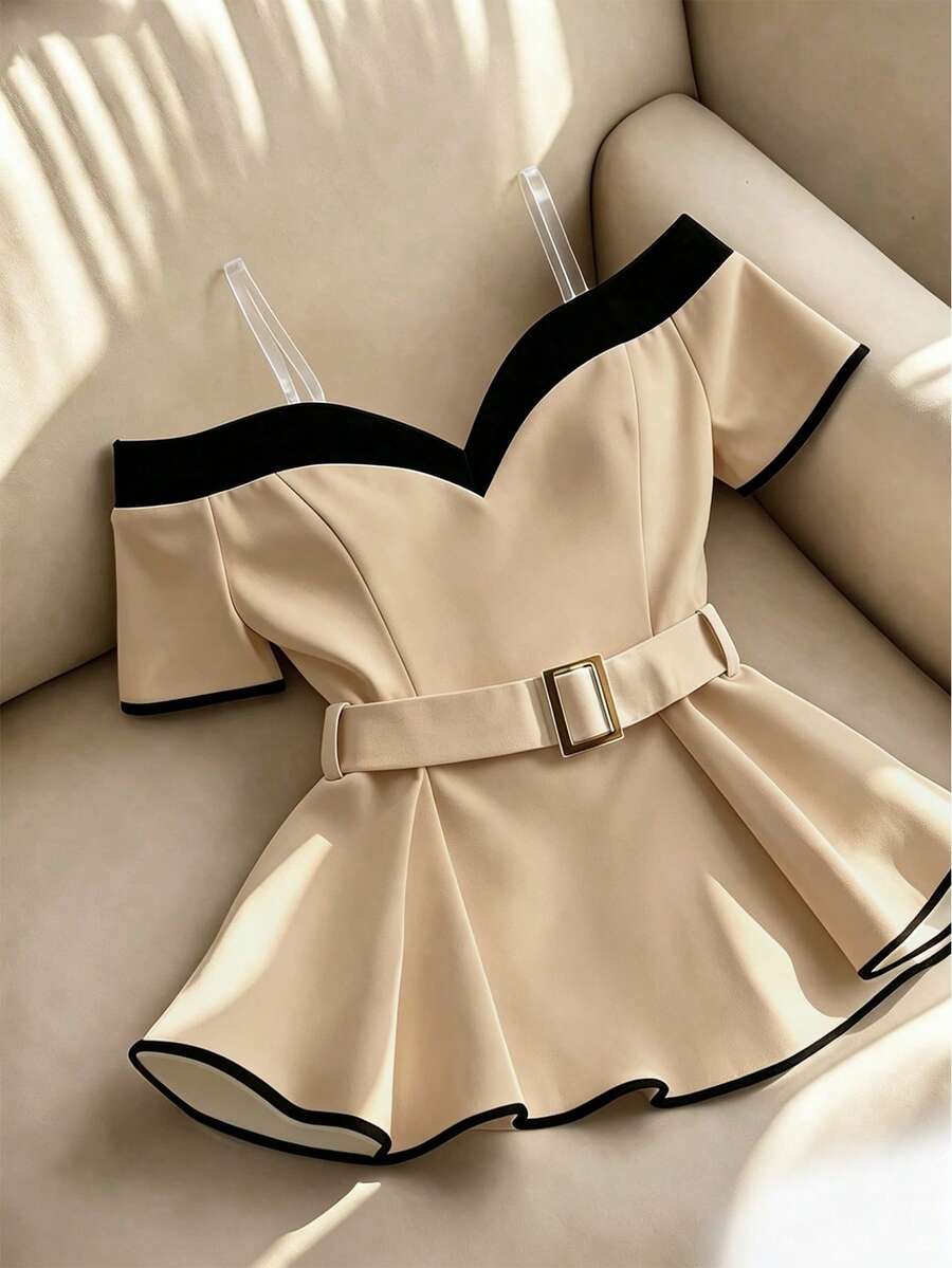 Franclia Women's Elegant Fashion Minimalist Versatile Black & White Contrast Metal Sun Buckle Decor Ruffle Hem Blouse, Summer - Camel - View 1