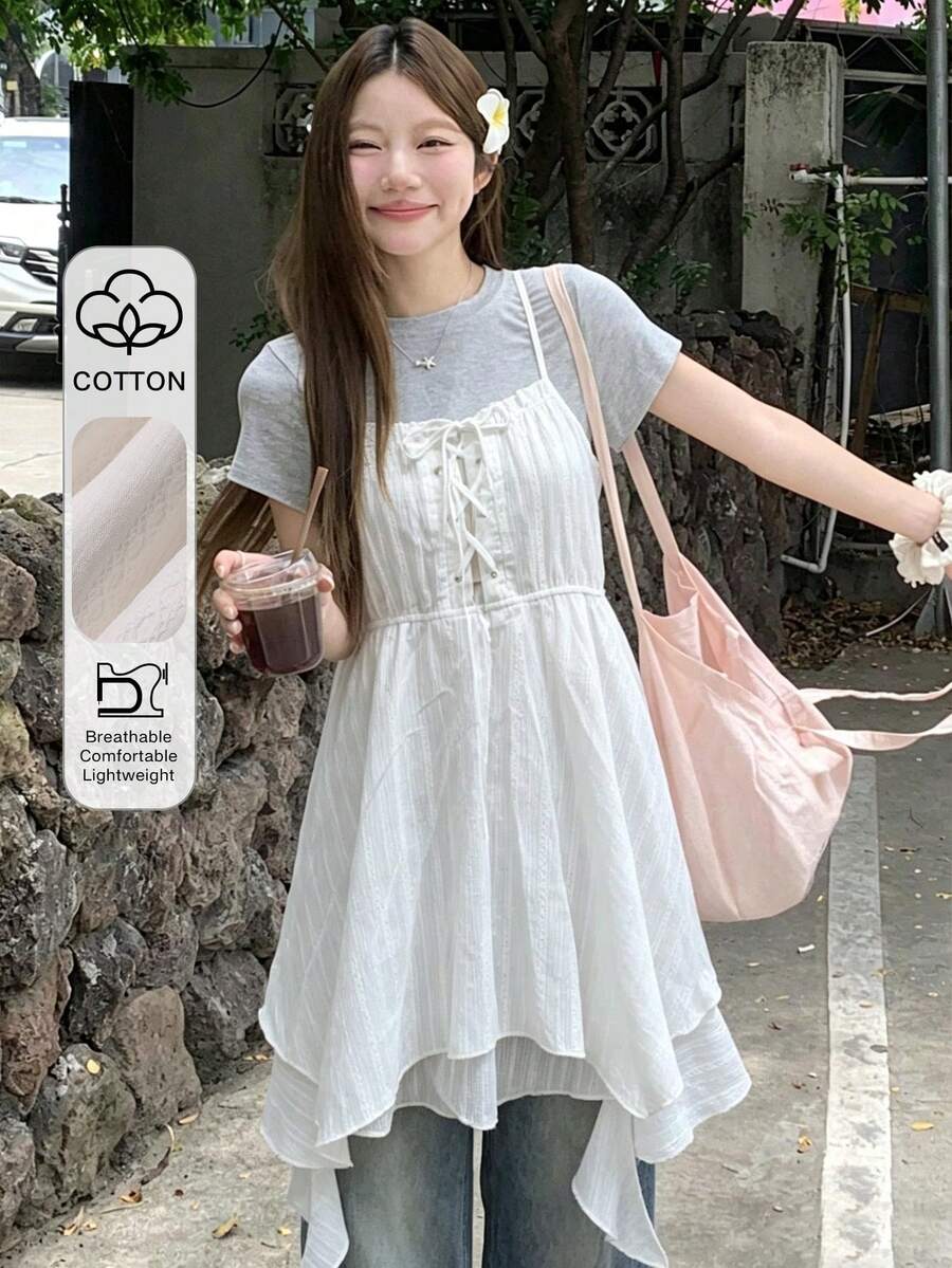 FRIFUL Women's Asymmetric Hem Spaghetti Strap Camisole With Chicken Eye Lace-Up Design Summer - Beige - View 1