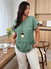 Weeklong Plus Size Women's Casual Pleated Round Neck Loose Dolman Sleeve Blouse, Suitable For Daily Wear And Vacation - Army Green - View 5