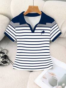 Rovax Women's Short Polo Shirt With Striped Horse Riding Print, Contrast Color Collar - Multicolor - View 3