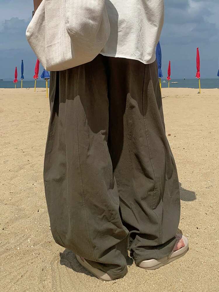 Long Brown Curved Blade Design Loose Elastic Waist Men's Pants