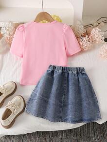 Elladie kids 两件套女童春夏套装，粉色短袖上衣+牛仔蝴蝶结半裙，泡泡袖设计，刺绣蝴蝶结装饰，百褶裙摆，甜美可爱风格，适合休闲外出和家庭活动 - 粉色 - 查看 3