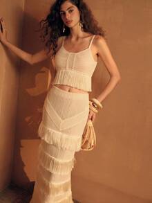 MOTF PREMIUM WOMEN'S FRINGE CAMI TOP & SKIRT SLIM FIT 2 PIECES SET - Apricot - View 7