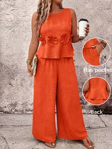 SHEIN Holidaya Bộ đồ 2 món cỡ lớn: Áo croptop không tay cổ tròn họa tiết hoa và quần ống rộng. - Màu Cam cháy - Xem 5