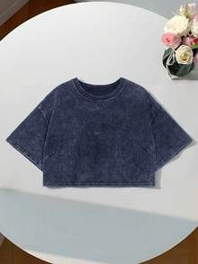 Comfortcana 100% Cotton Washed Basic Short Sleeve T-Shirt, Navy Blue,Summer Top - Navy Blue - View 13