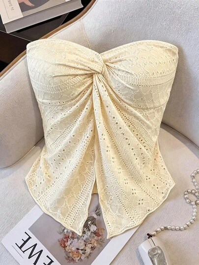 GlowEve 女士时尚扭结不对称下摆开衩春夏上衣，黄色，蕾丝弹力针织面料，适合派对、约会、晚宴、婚礼季、节日、日常休闲、通勤、假日日常穿着