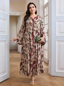 Al Najma Vestido maxi árabe holgado de manga larga con cuello en V y estampado floral para mujer de talla grande - Multicolor - Ver 5