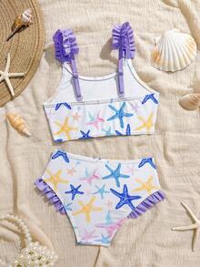 SHEIN Young Girls Tankinis 2-Piece Swimwear Set,Lavender Ruffle Starfish Printed Knit Sleeveless Swimsuit,Summer,Beach,Family Vacation,Holiday Pool Party - Purple - View 2