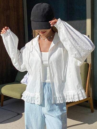 DAZY Women's Solid Color Textured Hooded Loose Long Sleeve Lace Patchwork Casual Vacation Sun Protection Spring/Summer Jacket