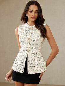 BELROSIE Women White Polka Dot Summer Elegant Party Office Blazer,Vintage Sequin Fabric Round Neck Waist Cinched Metal Button Decor Luxurious High-End - Beige - View 5