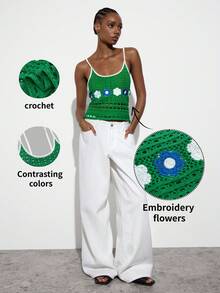 MAIJA Green Floral Boho Crochet Detail Scoop Neck Spaghetti Strap Cami Tops For Women,Summer Vacation Holiday Casual Daily Wear Festival Outfit - Green - View 2