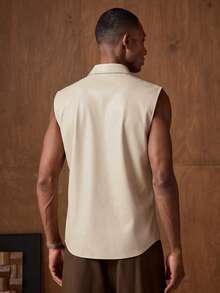 AKNOTIC Men's Fashionable Solid Color Sleeveless Shirt, Summer - Apricot - View 2