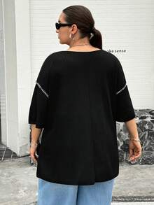 SHEIN CURVE+ 女士加大码圆领罗纹休闲日常短袖T恤，夏季上衣 - 黑色 - 查看 2