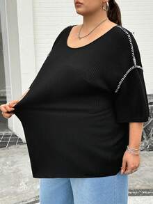 SHEIN CURVE+ 女士加大码圆领罗纹休闲日常短袖T恤，夏季上衣 - 黑色 - 查看 3